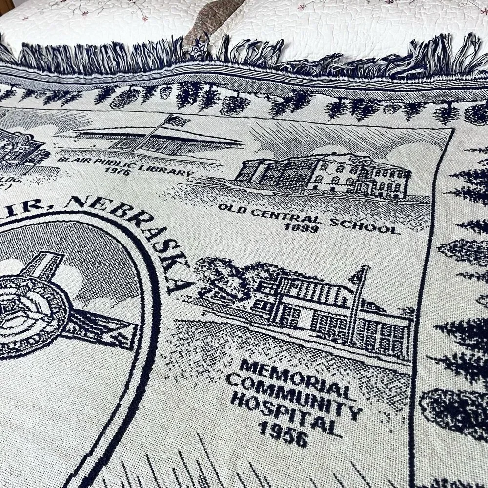 Vintage Blair Nebraska Tapestry Throw Blanket Blue & White Approx 60x48